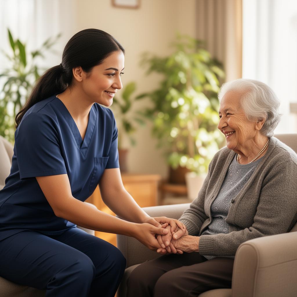 Aged care worker holding hand of elderly resident