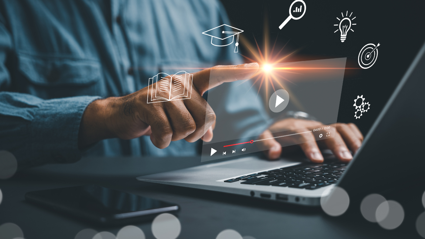 Professionals engaging with video-based learning in a modern workplace