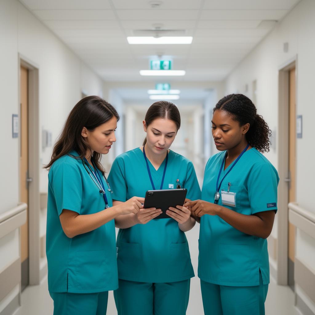 Three nurses in scrubs reviewing tablet training in a hospital corridor