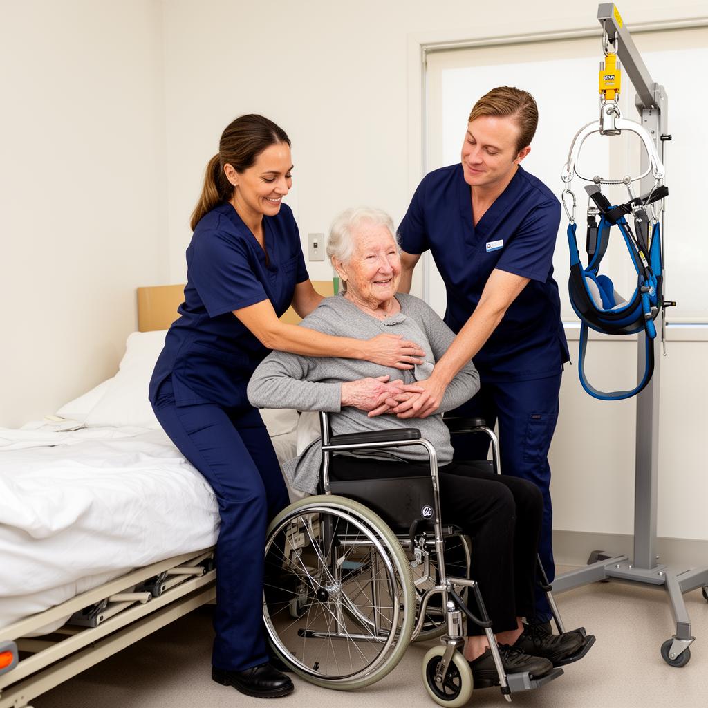 Two carers demonstrating proper team-lift technique with a hoist