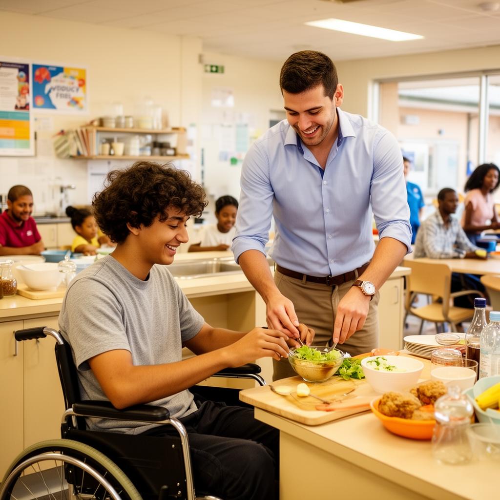 NDIS support worker preparing food with a young adult wheelchair user